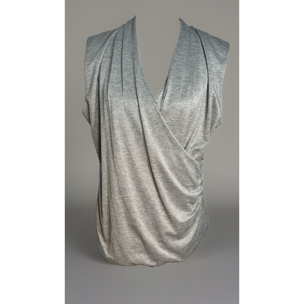 Jones New York Metallic Silver Ruched Faux Wrap Deep V Lined XL Sleeveless Top